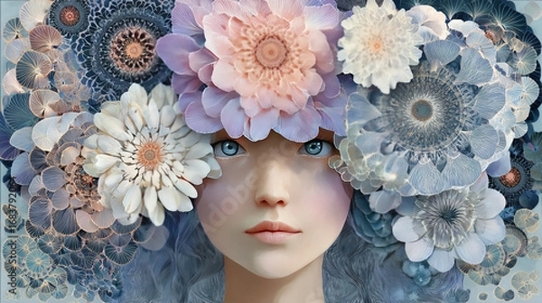 Fototapeta  Human profiles executed in surreal painting style on the subject of dreams, passions, creativity and imagination.A state of euphoria and meditation. Girl with creative hairstyle from fractal flowers