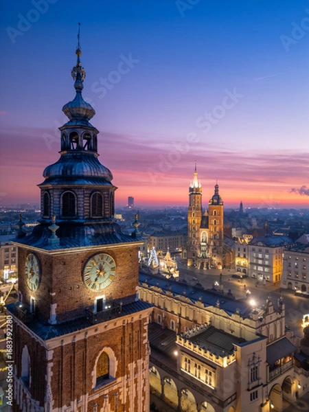 Fototapeta Town Hall Tower and St Marys Church over Main Square in Krakow, Poland, colorful sunrise