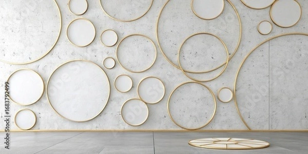 Fototapeta abstract background with circles in green and gold colors. 3d rendering,Interior of a modern room with a marble wall and wooden floor Background.