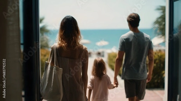 Fototapeta Family with a child walking hand in hand towards the bright blue sea and beach on a sunny day at a luxurious resort