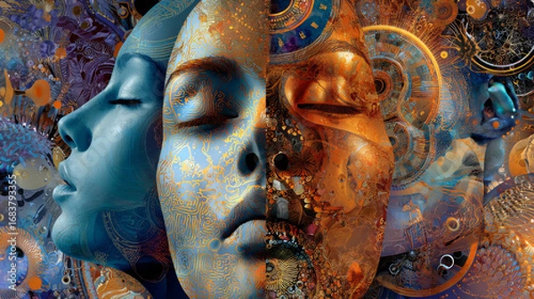 Fototapeta  Human profiles executed in surreal painting style on the subject of dreams, passions, creativity and imagination.A state of euphoria and meditation. Abstract fractal patterns and shapes.