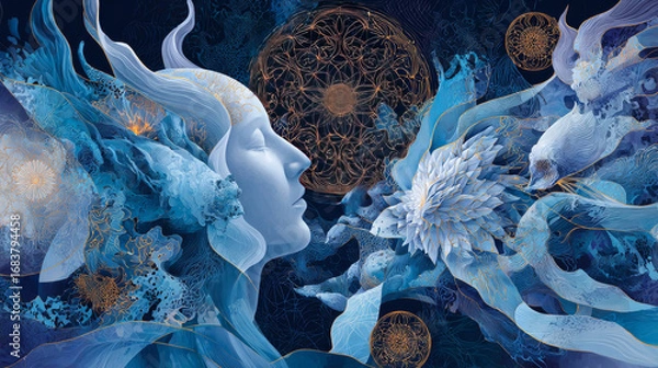 Fototapeta Human profiles executed in surreal painting style on the subject of dreams, passions, creativity and imagination.A state of euphoria and meditation. Abstract fractal patterns and shapes.