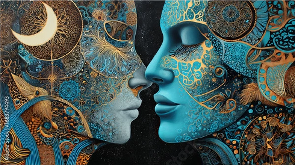 Fototapeta Human profiles executed in surreal painting style on the subject of dreams, passions, creativity and imagination.A state of euphoria and meditation. Abstract fractal patterns and shapes.