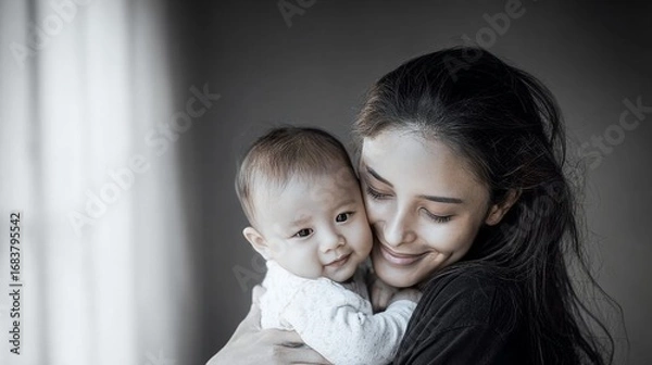 Fototapeta A heartwarming black and white photo of a mother tenderly embracing her baby, capturing a moment of love and bonding. Ideal for family and emotion themes.