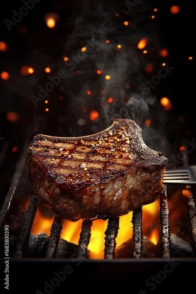 Fototapeta Juicy grilled steak over open flame with glowing embers and dramatic dark background.