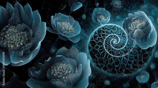 Fototapeta Abstract fractal patterns and shapes. Dynamic flowing natural forms. Flowers and spirals. Mysterious psychedelic relaxation pattern. 