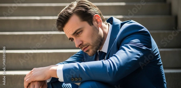 Fototapeta Dejected Businessman in Blue Suit Sitting on Concrete Steps, Contemplative Mood, Natural Light