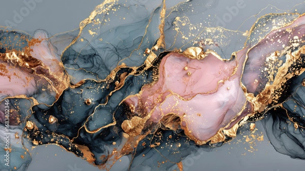 Fototapeta Painted background. Abstract emotional art. Modern design element. Golden liquid acrylic paints. Marble texture.