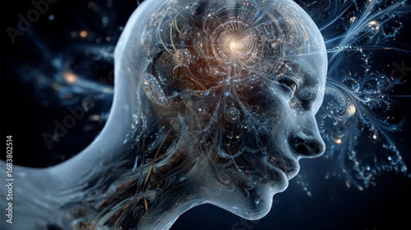 Fototapeta 3D illustration. 3D rendering of human head model and fractal picture is suitable as background for human mind, artificial intelligence and virtual reality projects.