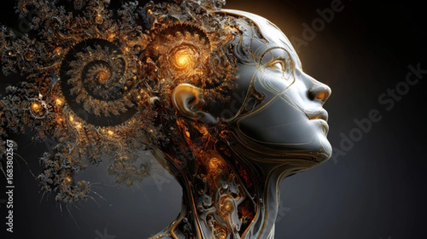 Fototapeta 3D illustration. 3D rendering of human head model and fractal picture is suitable as background for human mind, artificial intelligence and virtual reality projects.