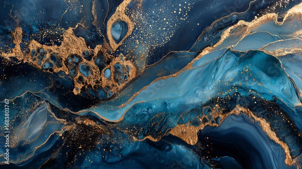 Fototapeta Beautiful abstract background. Golden and dark blue mixed acrylic paints. Abstract ocean- ART. Natural Luxury. Stones like marble contain all the history and secrets of the Earth.