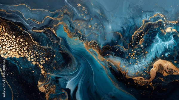 Fototapeta Beautiful abstract background. Golden and dark blue mixed acrylic paints. Abstract ocean- ART. Natural Luxury. Stones like marble contain all the history and secrets of the Earth.