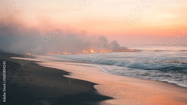 Fototapeta Fiery Ocean Sunset with Smoky Horizon and Soft Waves on Sandy Beach