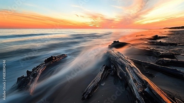 Fototapeta Sunset Waves Crashing Over Driftwood on a Serene Coastal Shoreline