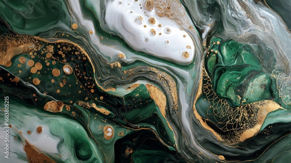 Fototapeta Beautiful abstract background. Golden and dark green mixed acrylic paints. Marble texture. Contemporary art.