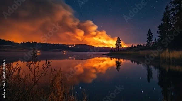 Fototapeta Nighttime Wildfire Illuminating Forest with Lake Reflection