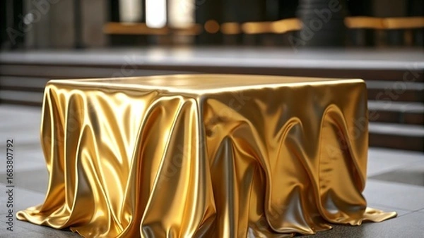 Fototapeta Surreal melting golden podium with flowing fabric textures evokes opulence and transformation