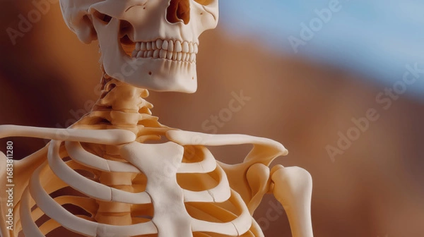 Fototapeta A full human skeletal system is displayed with intricate bone textures and precise joint articulations, highlighting anatomy, structure, and the complexity of the human body..