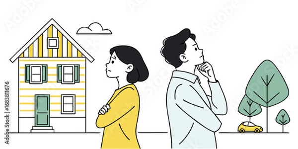 Fototapeta Illustration of a couple standing back to back, contemplating their future with a house and car.