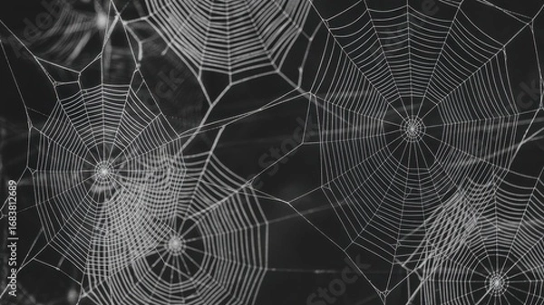 Fototapeta A detailed closeup of multiple spiderwebs glistening with moisture, showcasing the intricate design and delicate nature of arachnid architecture