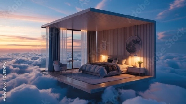 Fototapeta A surreal bedroom floats amidst a sea of clouds at sunset, offering a tranquil escape with its modern design and dreamy atmosphere
