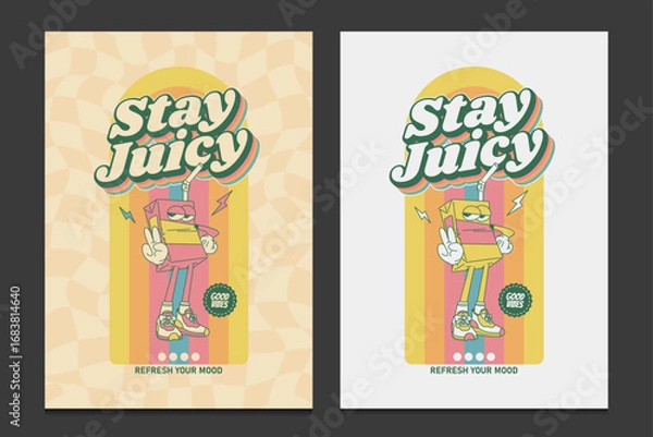 Fototapeta juice box cartoon poster in retro 70s style, vector illustration
