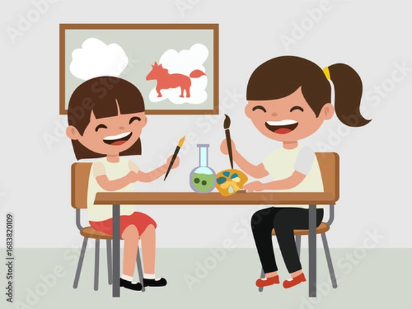 Fototapeta Cute flat illustration of two happy girls painting together in art class, creating colorful artwork in a cheerful school environment.