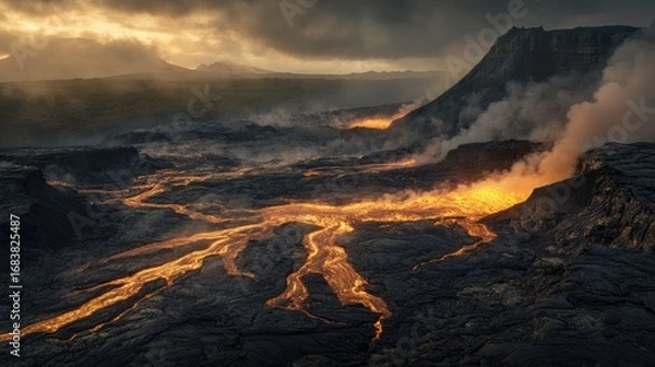 Fototapeta Branching Lava Streams Across Vast Volcanic Terrain