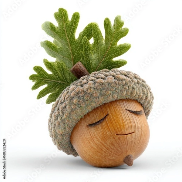 Fototapeta Cute Character with Acorn and Green Leaves, Playful and Whimsical Design Representation