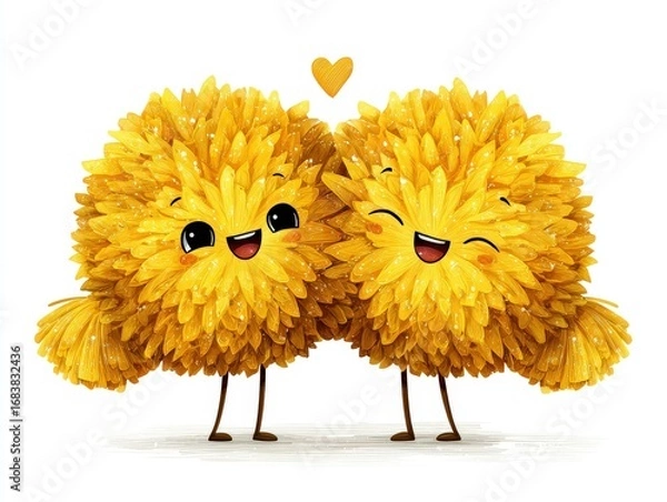Fototapeta Two Cute Yellow Characters Embracing with Joyful Expressions and Heart Motif