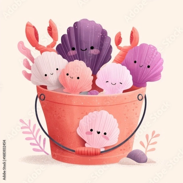 Fototapeta Cute Cartoon Shells and Lobster in a Pink Bucket with Happy Faces