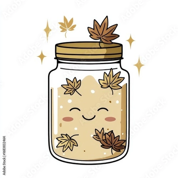 Fototapeta Happy Jar with Autum Leaves and Sparkles, Cute Illustrative Design