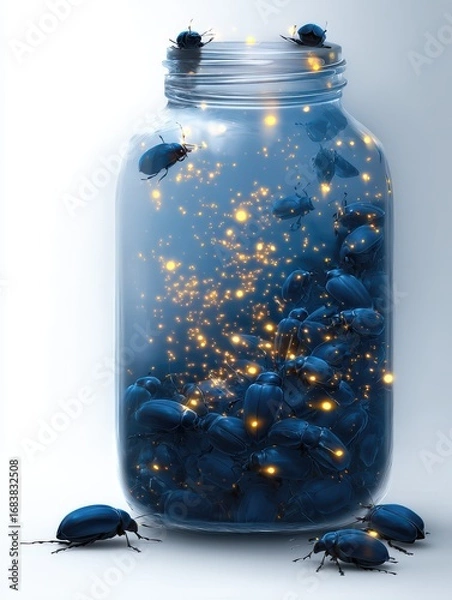 Fototapeta Enchanted Jar of Blue Beetles with Magical Glow and Sparkling Light Effects