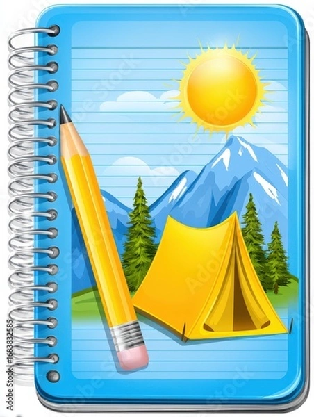Fototapeta Bright Notebook Design Featuring Pencil Sun Tent Mountain and Trees in Nature Setting