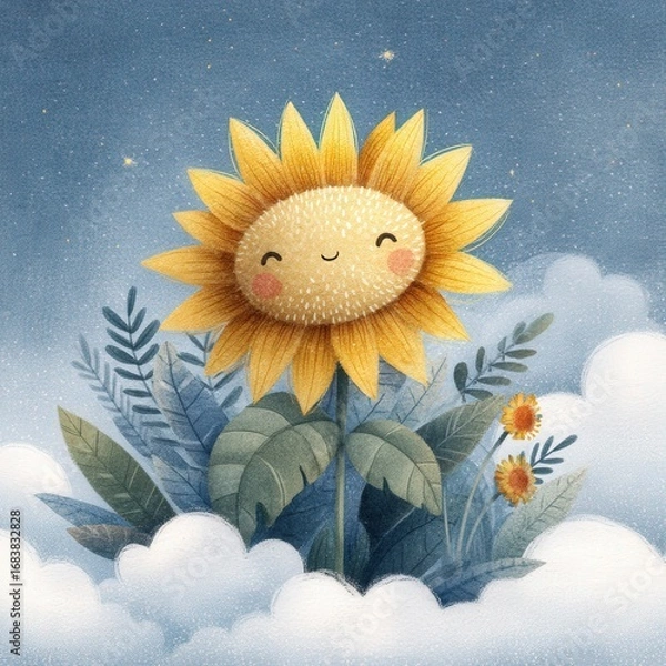 Fototapeta Cheerful Sunflower Character Surrounded by Clouds and Plants in a Dreamy Setting