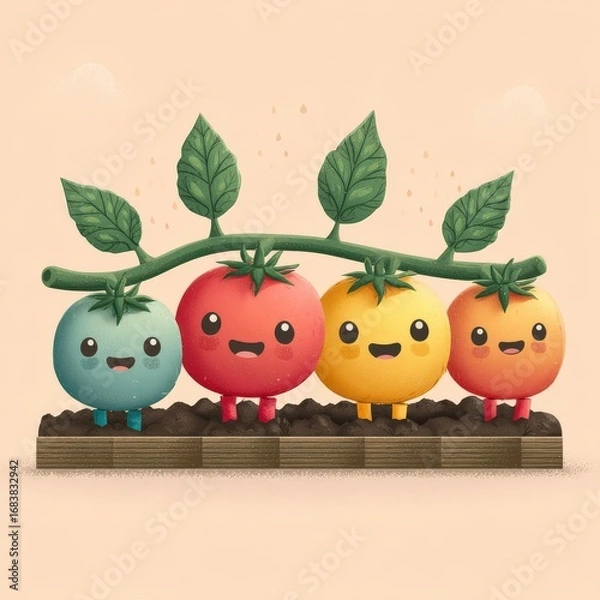 Fototapeta Cute and Colorful Cartoon Tomatoes with Smiling Faces on a Humorous Garden Background