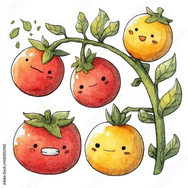 Fototapeta Cute Cartoon Fruit Characters with Smiling Faces and Lively Colors in a Playful Arrangement