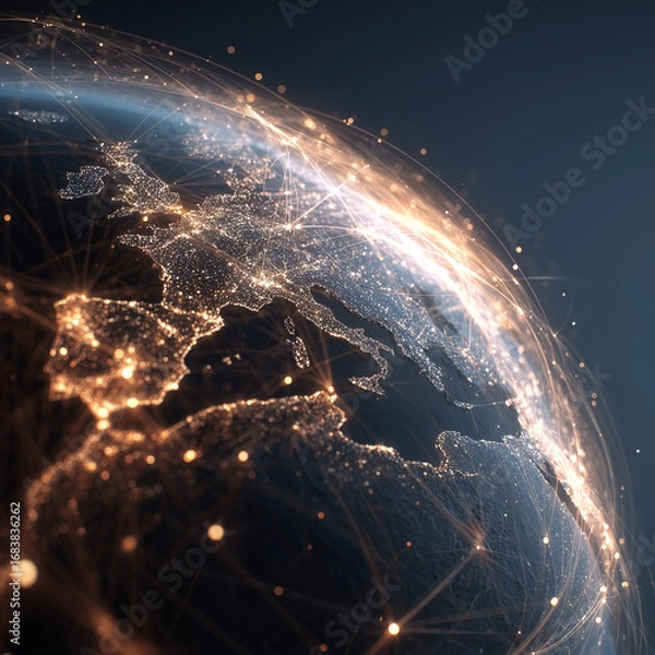 Fototapeta A glowing, intricate network of light connections over a futuristic globe, viewed from a low angle on a dark background, ethereal light, cinematic, wide angle, technology and communication concept, 8K
