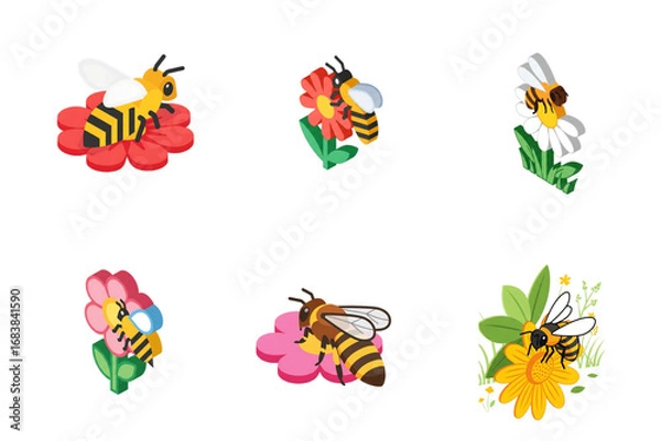 Fototapeta Bees flying and sitting on flowers, symbolizing pollination and nature's harmony.