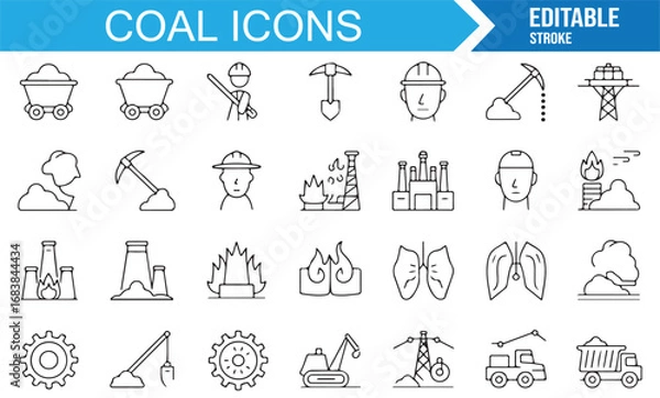 Fototapeta Coal mining icon collection in line art style with energy, carbon, industrial, and transport graphics