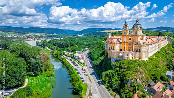 Obraz Benedictine Melk abbey above the town of Melk, overlooking the Danube river, in the Wachau valley in Lower Austria, Austria