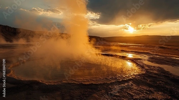 Fototapeta Sunset Over a Steaming Geyser in a Geothermal Basin