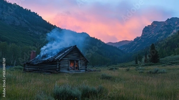 Fototapeta Remote Log Cabin in Mountain Valley at Sunset with Smoke Rising from Chimney