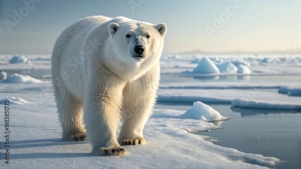 Fototapeta Majestic polar bear walks across icy arctic landscape under clear sky