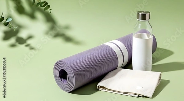 Fototapeta Yoga mat, water bottle, and towel for exercise on a green background