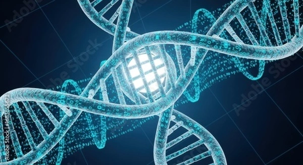Fototapeta Glowing DNA helix intertwined with digital data for genomic sequencing.