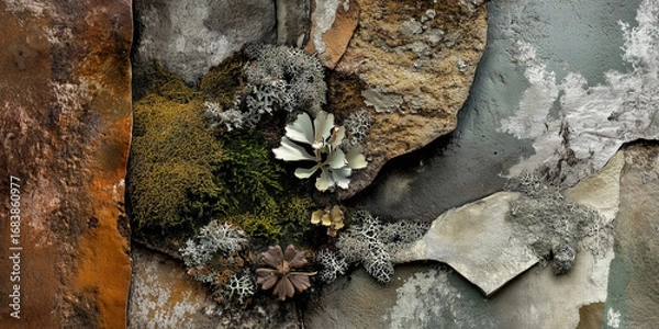 Fototapeta An abstract close-up of a wall or surface with a natural and organic texture, composed of different layers and materials of stone and moss