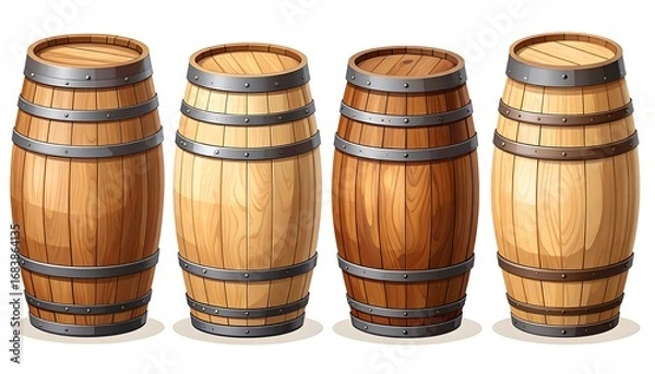 Obraz Cartoon wooden barrels in a row