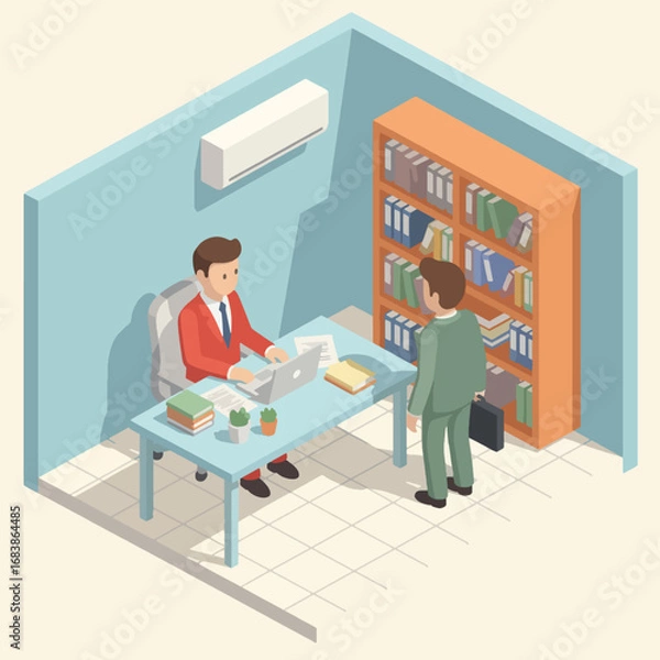 Fototapeta Two men having a meeting in an office with a desk, bookshelf, and laptop