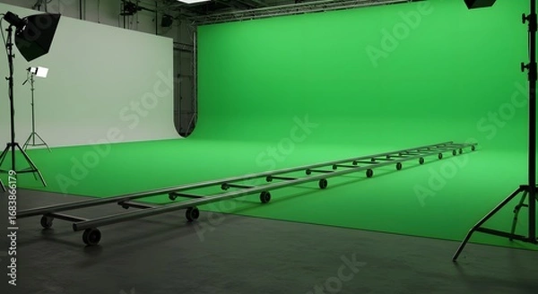 Fototapeta Professional Film Studio Setup with Green Screen and Dolly Track System